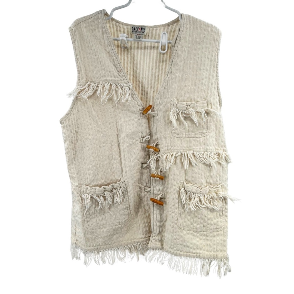 Stefano International Cream Textured Vest button front fringe 18/20 boho cotton